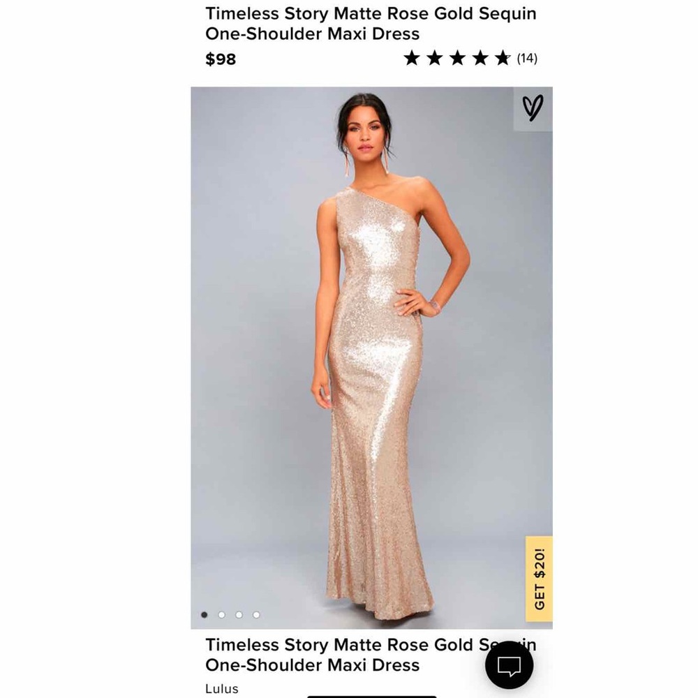 Lulu’s One-Shoulder Maxi — matte rose gold sequin